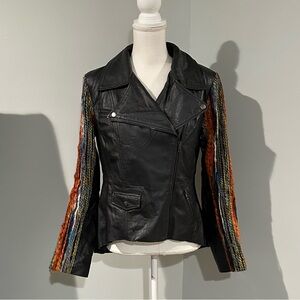 NWT My Tribe Black Soft Leather Jacket with Yarn Detailing Size M
